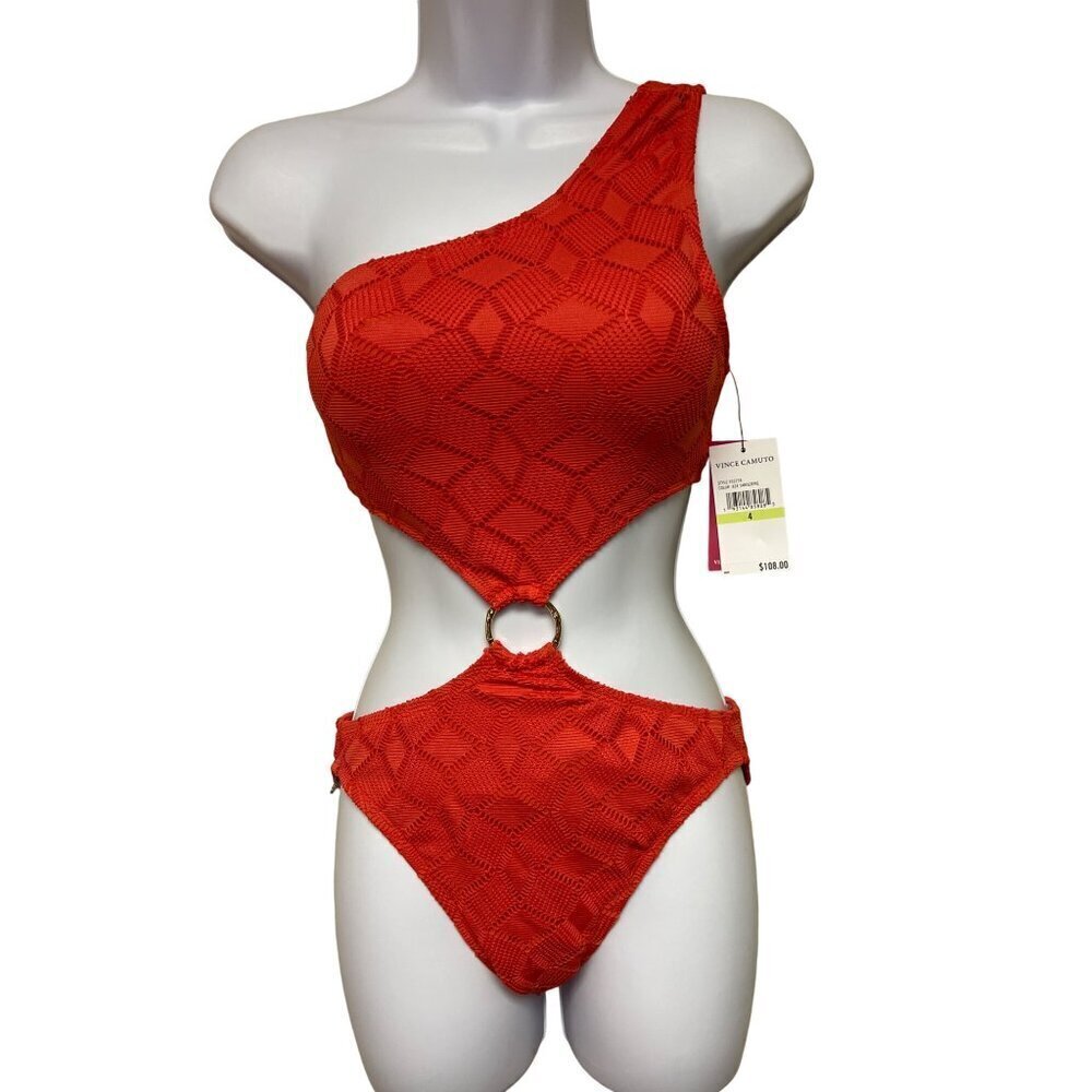 NEW! Vince Camuto One Shoulder Ring Trim Orange Tangerine Swimsuit Women's 4